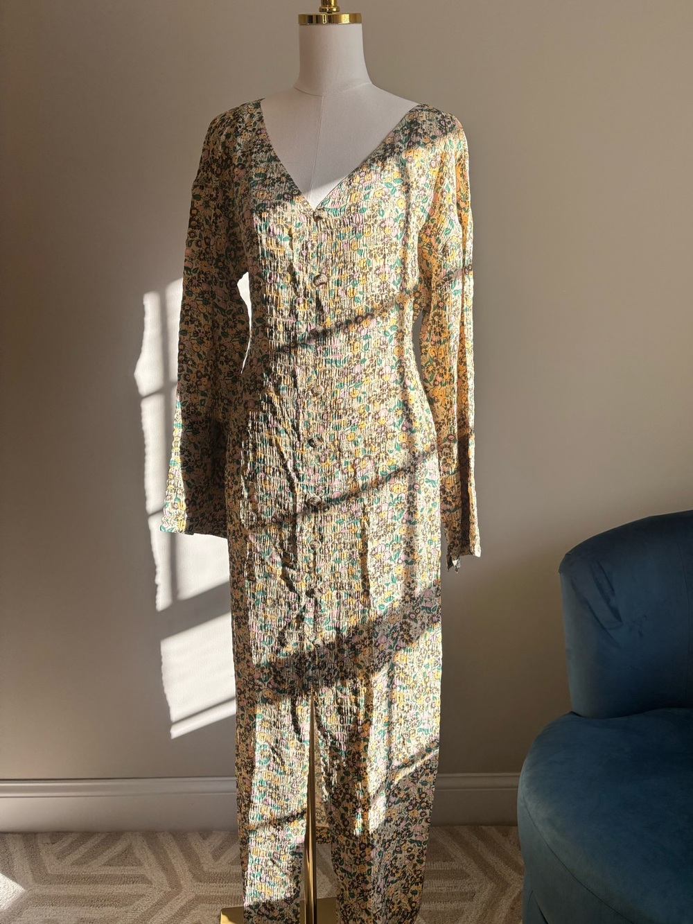 Nanushka Verda Floral Plissé Button Maxi Dress M
